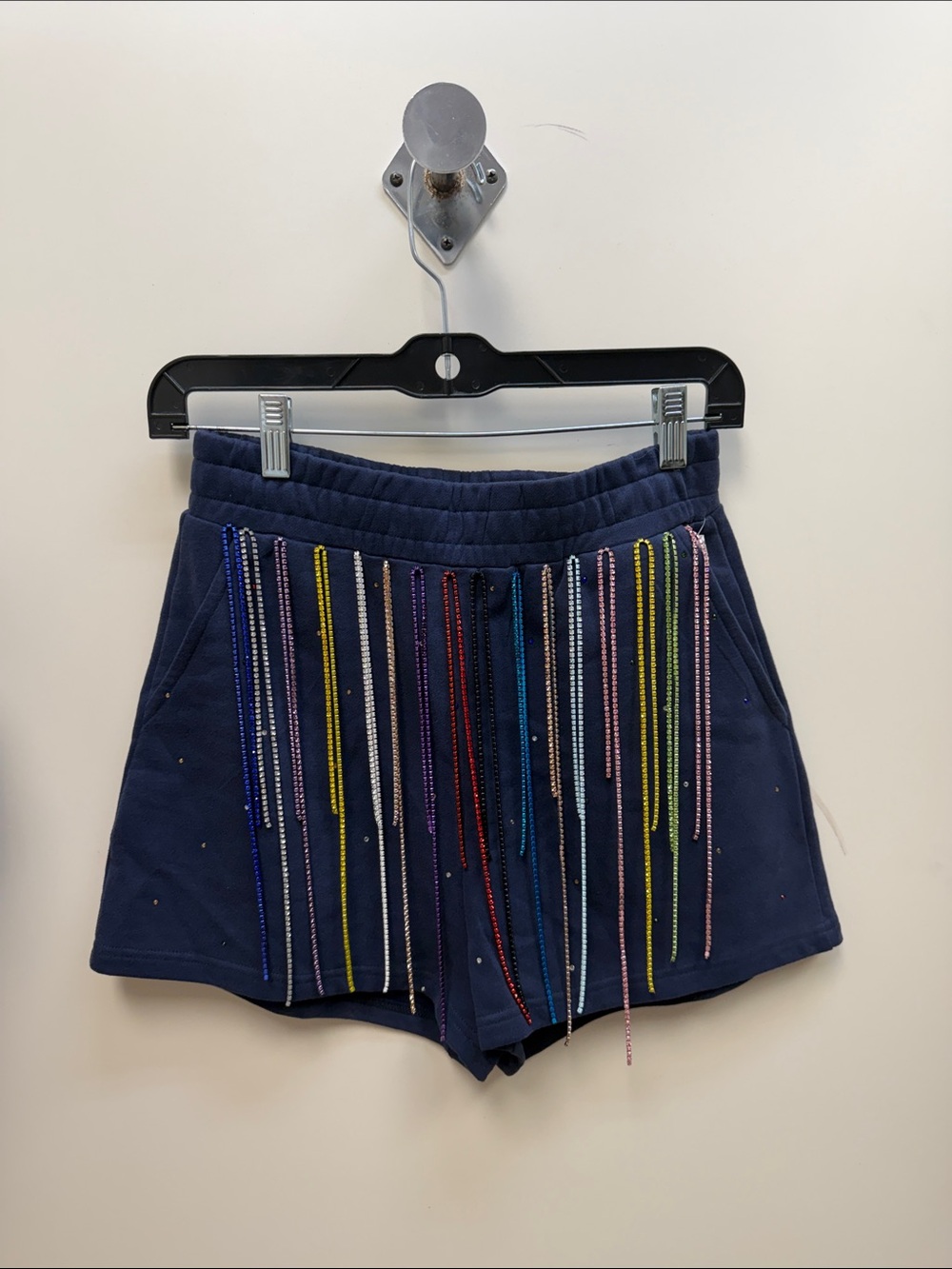 QUEEN OF SPARKLES Navy Beaded Fringe Athletic Shorts - Small
